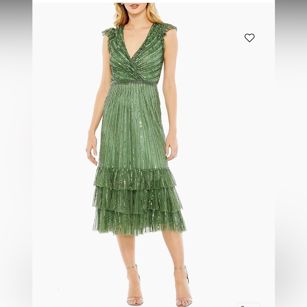 Mac Duggal Size 12 Green Sequin Wrap Ruffle Hem Cocktail Midi Dress $498